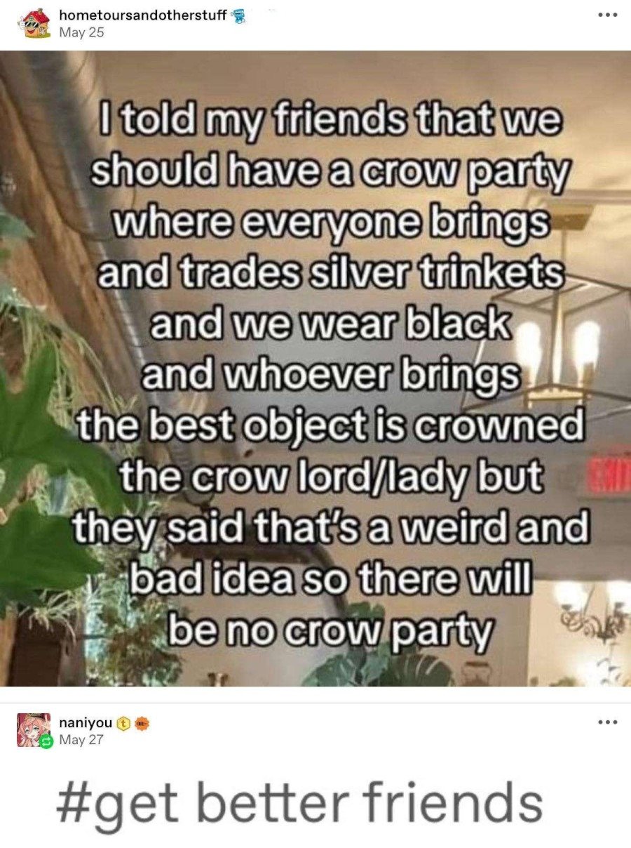 Tumblr post from hometoursandotherstuff: Text overlaid over a photo of a room decorated with plants: "I told my friends that we should have a crow party where everyone brings and trades silver trinkets and we wear black and whoever brings the best object is crowned the crow lord/lady but they said that's a weird and bad idea so there will be no crow party." Naniyou replies below with a screenshot of a tag that simply reads: "get better friends"