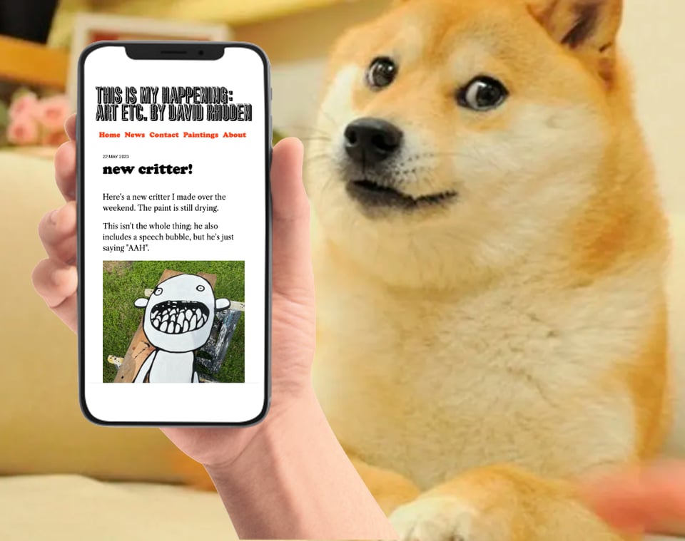 website thisismyhappening.com mocked up on a phone, with shiba inu in background