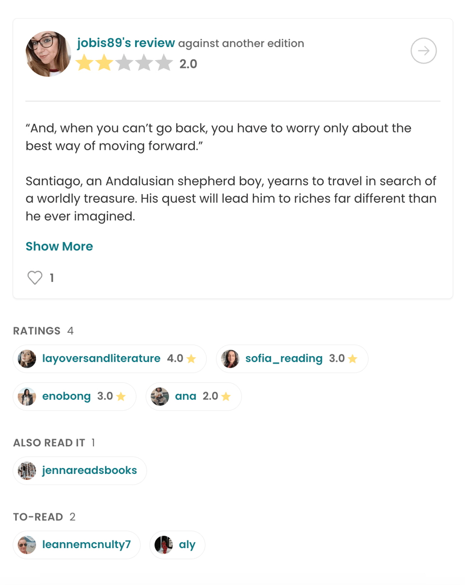 The StoryGraph showing activity from followed users for The Alchemist. One review is expanded, four other users’ ratings are listed, one person has also read the book, and two have it on their to-read lists.