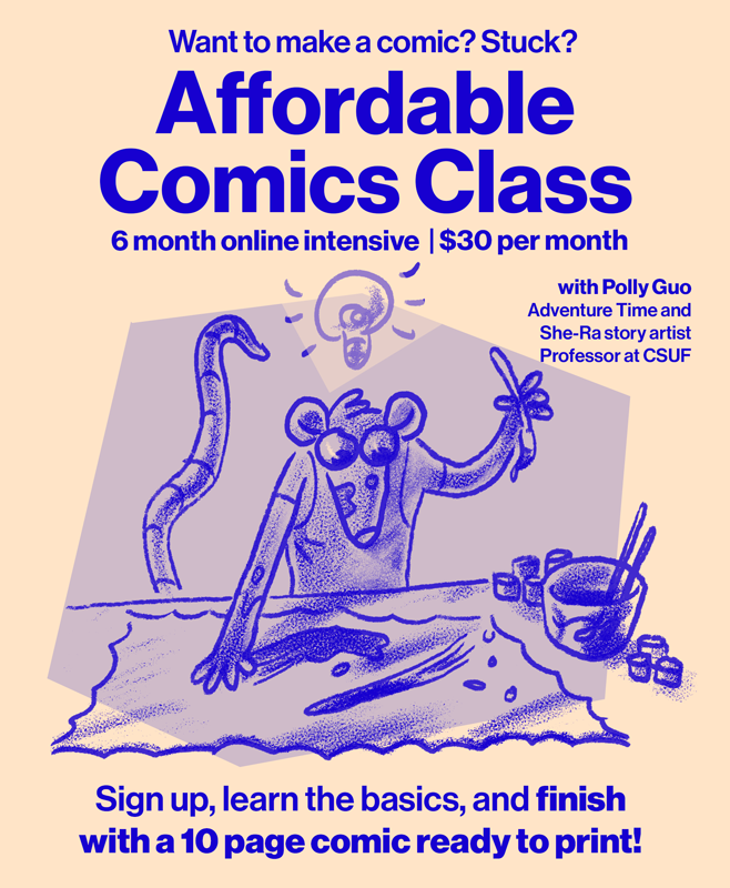 Illustrated flyer announcing Polly Guo's six month online comics intensive. A mouse with an idea paints excitedly on a large canvas. Text around the flyer reads,