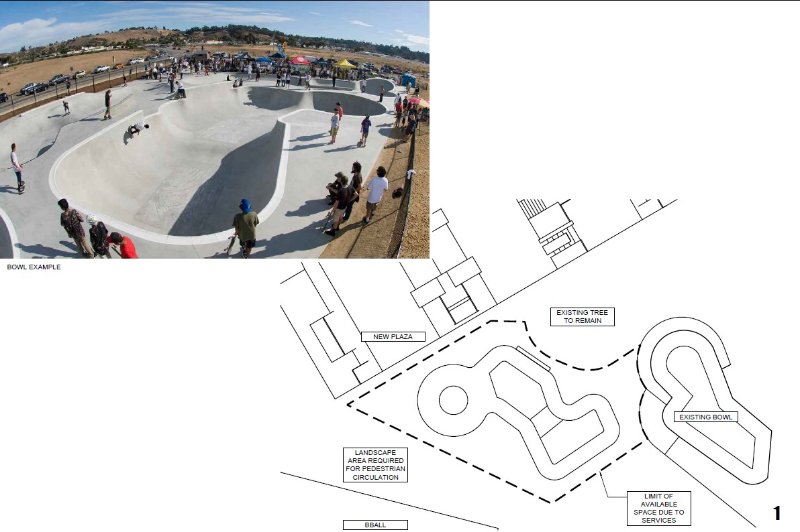 Image showing a concrete flow bowl with many people around it. It is...round? With some other...bits?
