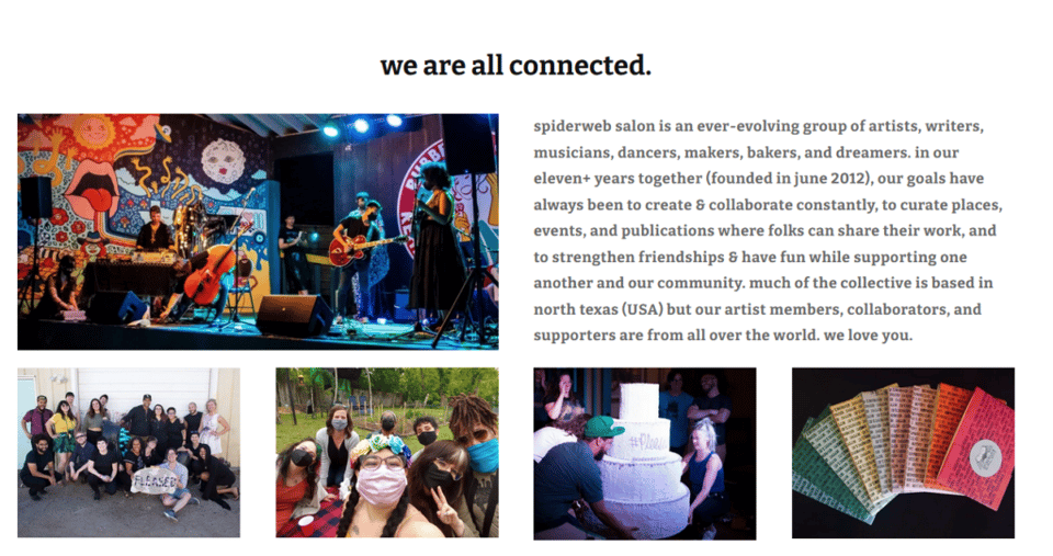 We are all connected. Spiderweb Salon's front page of website.