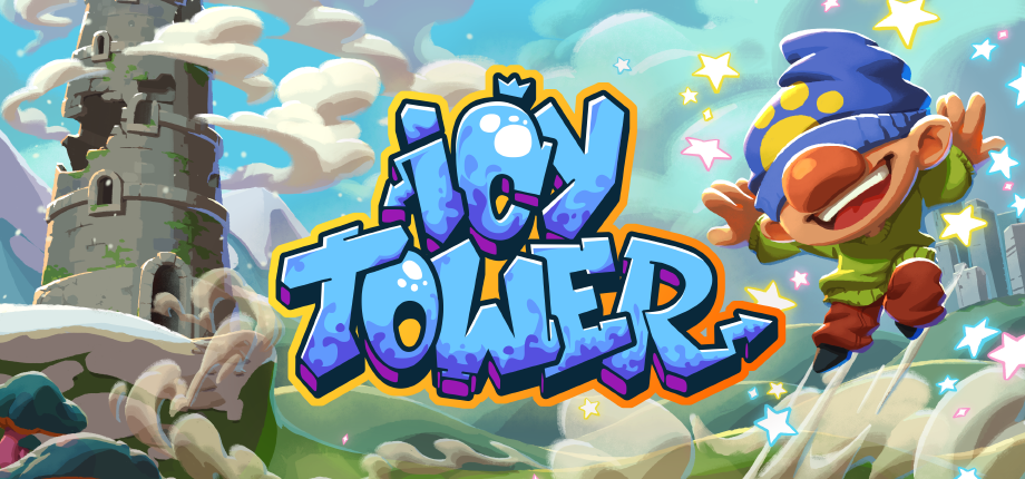 Key art for Icy Tower. A tower reaches up to the sky and Harold the Homeboy comes jumping out of it.