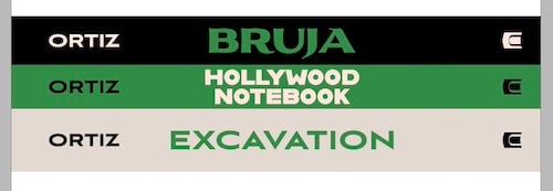 3 book spines in green, white, black: Bruja, Hollywood Notebook, and Excavation by Wendy C. Ortiz