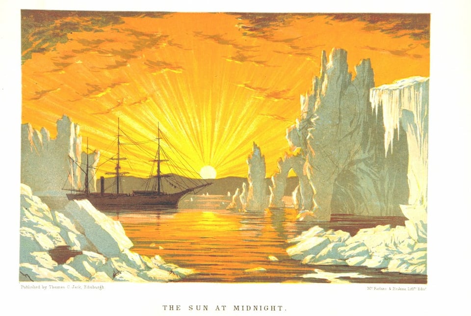 "The Sun At Midnight" — vintage color plate of a 19th century sailboat in the artic sea surrounded by icebergs while the "midnight" sun hovers above the horizon — summer in the arctic circle