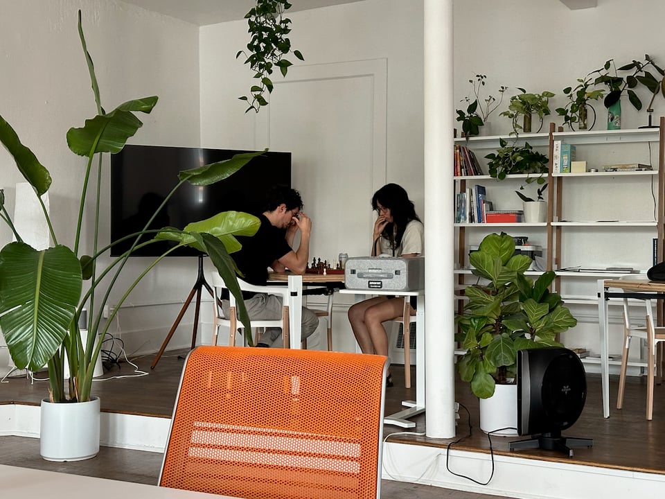 Two people thinking real hard about a chess game.