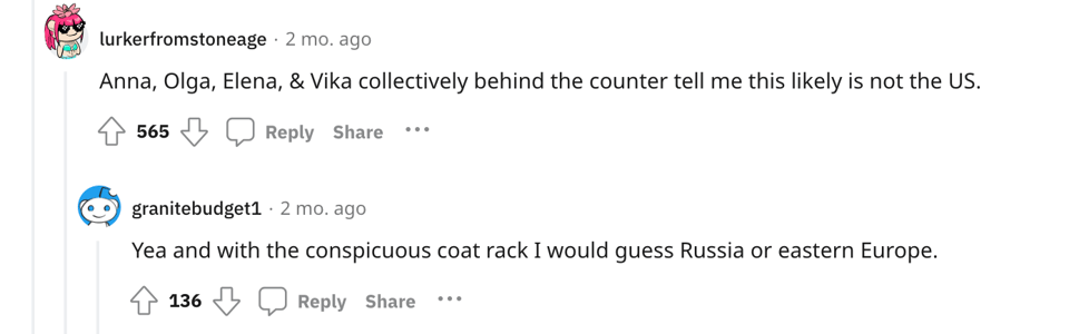 Screenshot of a comment section on Reddit discussing why it might be Russia or Eastern Europe