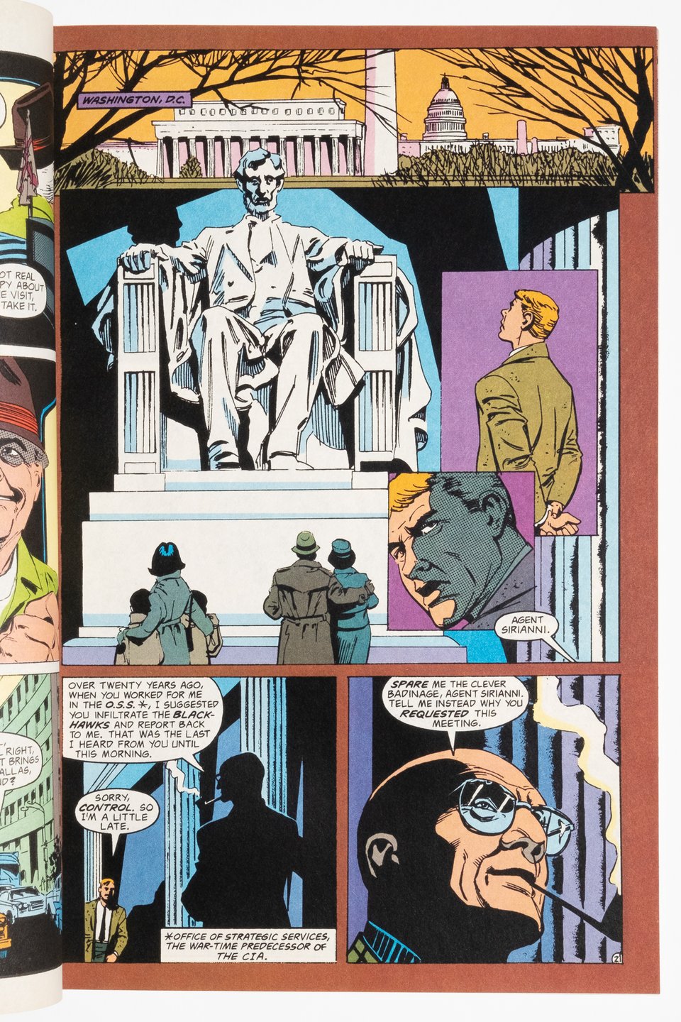 a page from Blackhawk Special by Mike Vosburg. Two characters are at the Lincoln Memorial. Vosburg has inlaid two panels of one of the characters onto a larger one of the Memorial