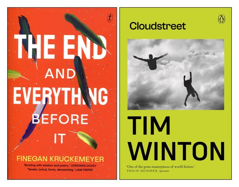 The covers of two books: The End and Everything Before It; and Cloudstreet