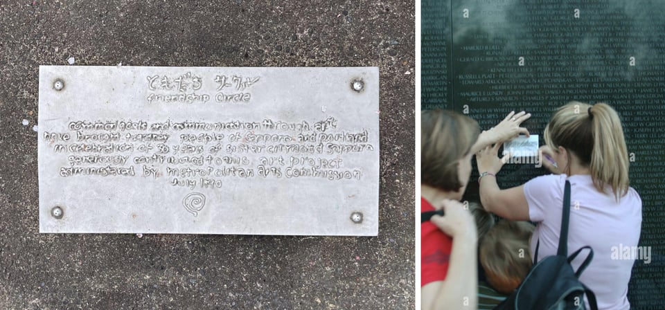 a plaque in Friendship Circle describing Portland's partnership with sister city Sapporo and a photo of a woman tracing her loved one's name at the Vietnam Memorial in Washington, DC