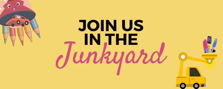 Image that reads Join Us in the Junkyard, yellow background, little spaceship pulling a car and lots of pencils out of a junkyard