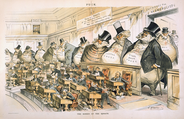 The cartoon depicts the United States Senate as a body under the control of "captains of industry". Robber barons representing trusts in various industries…