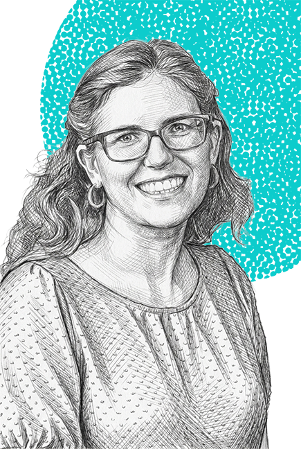 Juli shown in pencil-sketch format as a headshot