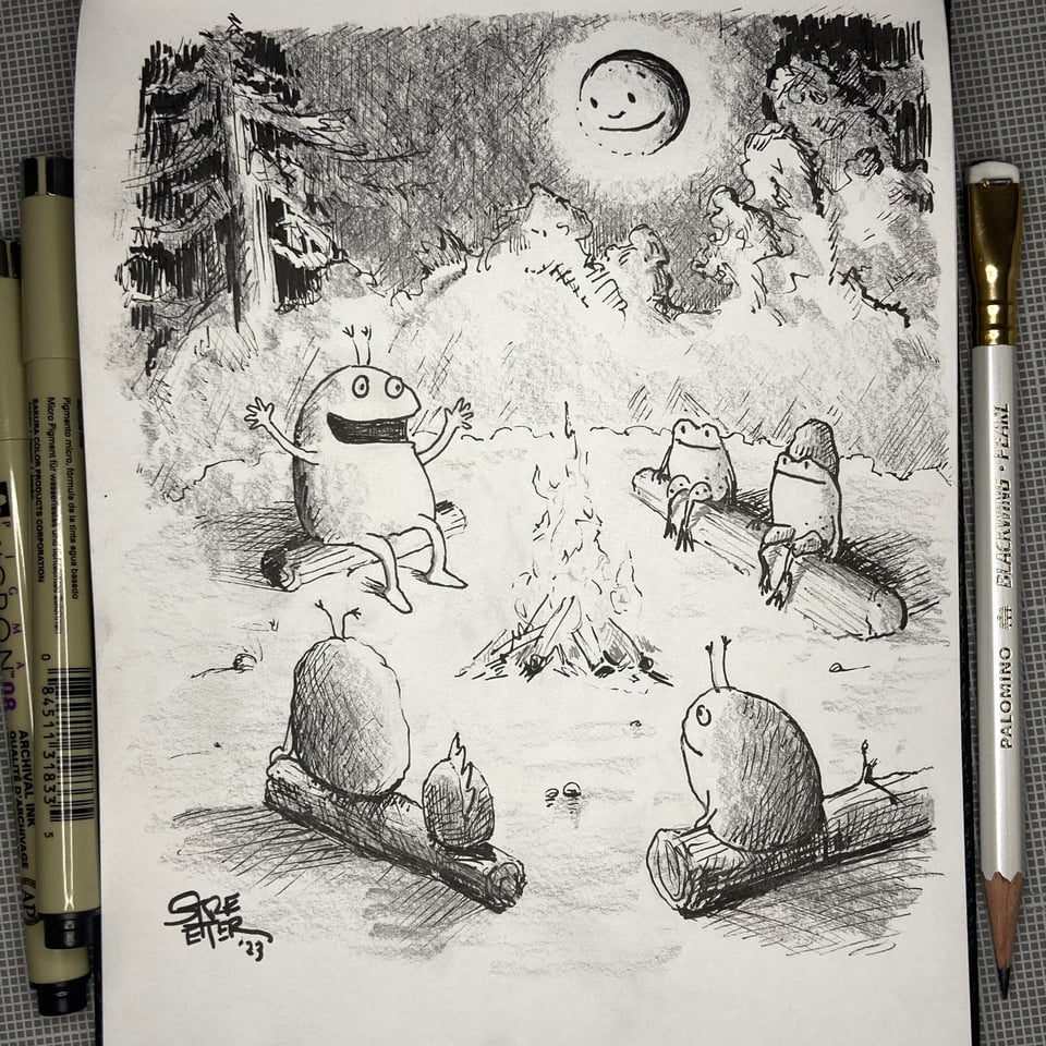 Illustration of a group of creatures around a campfire enjoying a story while the Moon looks on