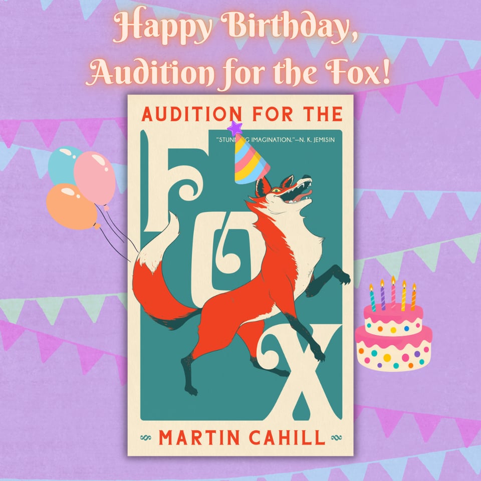 A happy birthday picture for the fox with graphics such as a party hat, a cake, and more.