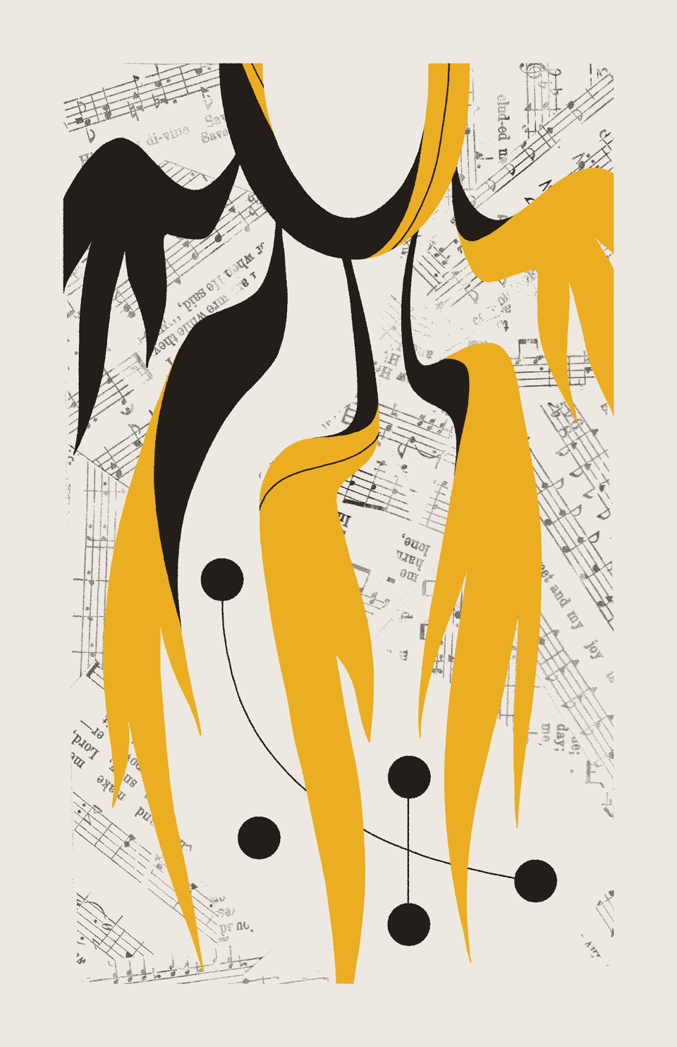 A yellow, ring-like entity with five wings darts away from four connected black circles alongside a fifth disconnected black circle. The background is filled with collaged sheet music.