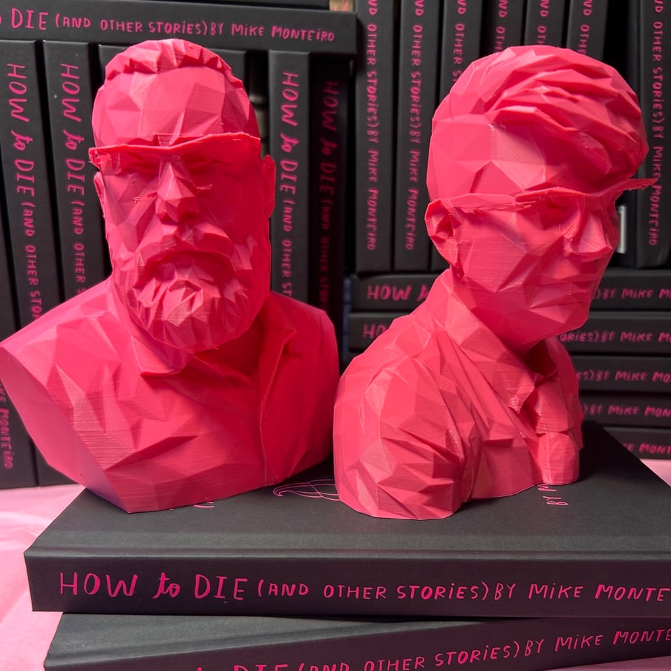 Two badly printed hot pink busts. One of me, one of Annalee. Sitting on a pile of books. With even more books behind us.