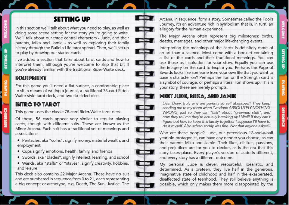 Setting Up section from Jude's World - a double page zine spread designed to look like a tabbed notebook.