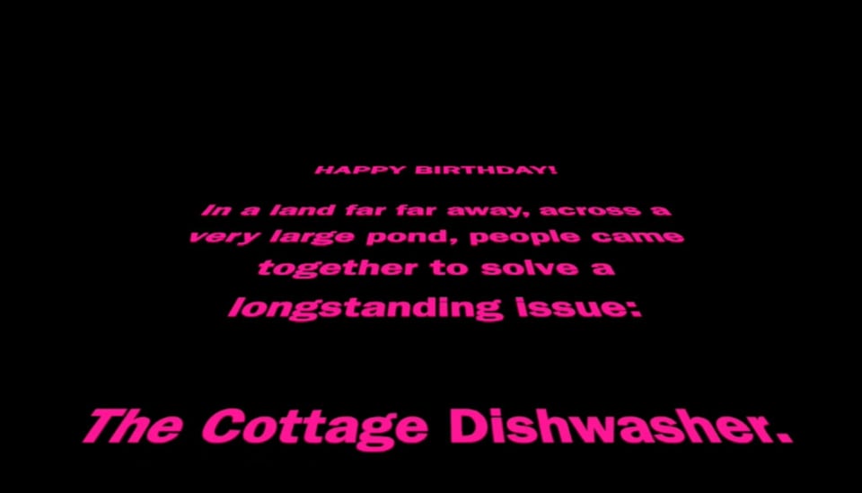 A screenshot of text: "Happy birthday! In a land far far away, across of very large pond, people came together to solve a longstanding issue: The Cottage Dishwasher."