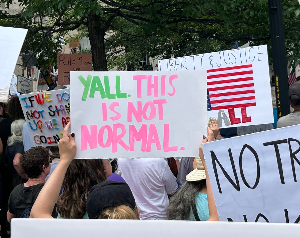 Photo of a sign held up at a protest with the words: "Y'ALL. THIS IS NOT NORMAL."