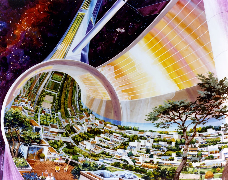 A 70s illustration of a space colony in a large curved glass structure. There's stars and galaxies in the background.