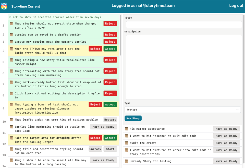 Screenshot of the StoryTime interface with our new drafts feature.