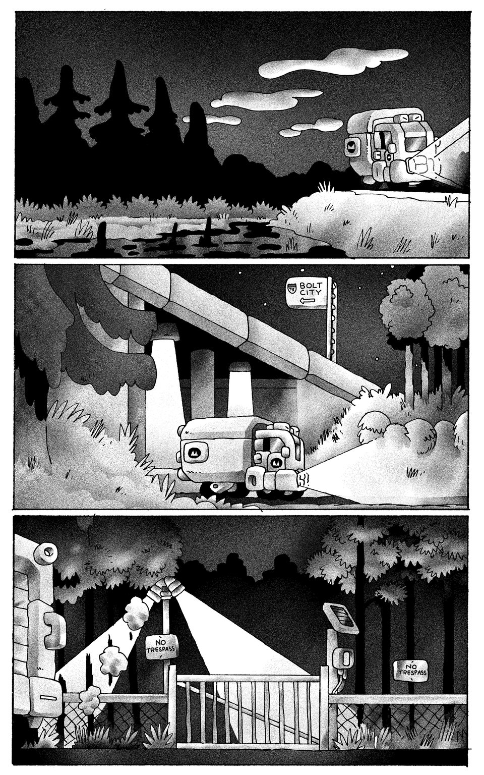 black and white comic page depicting a work truck driving down a rural highway