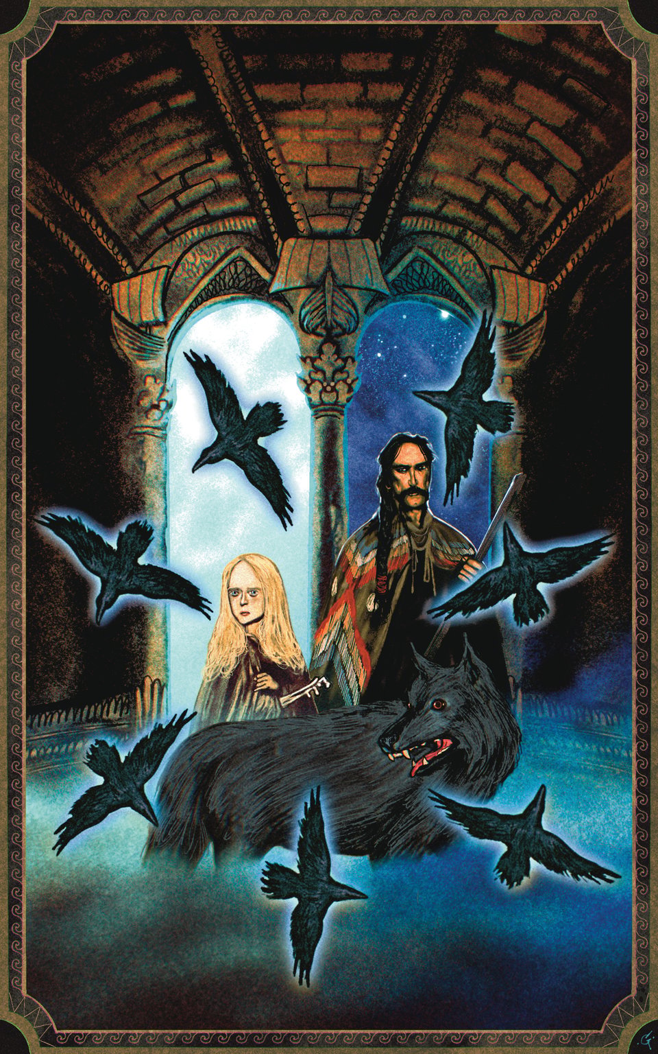Kelwas, his dark hair and moustaches giving him a brooding look, holds his ironwood staff. A columned portal shows a night sky, dark and full of stars. Grim-faced, Goldenrod stands next to Kelwas, her pale blonde hair and skeletal hand gleaming in the light of the light-filled portal at her back. Wolf stands guarding both of them. Seven ravens fly in a circle around all