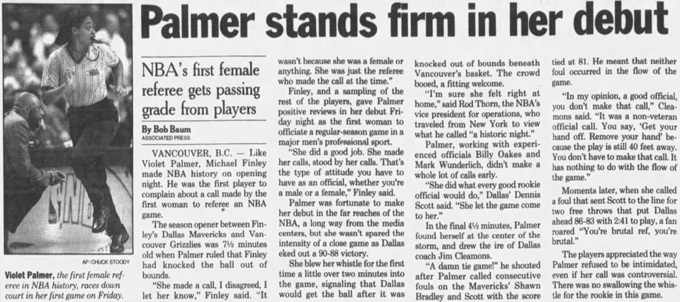 Newspaper clipping with headline "Palmer stands firm in her debut" with photo of Palmer running the sideline of her debut NBA game