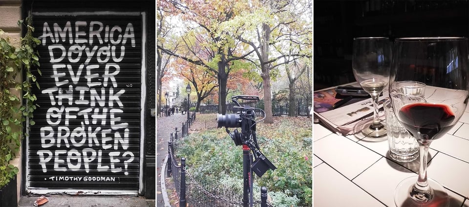 3 Instax images: left white graffiti on a black iron door, reading, "AMERICA DO YOU EVER THINK OF THE BROKEN PEOPLE?"; center, a digital camera on a tripod stand in Washington Square Park; right, a white tile bar with two glasses of wine, a glass of water, a newspaper and an iPhone