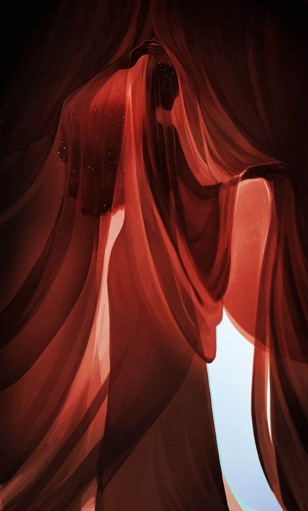 A figure is draped in red veils and appears to glow from within
