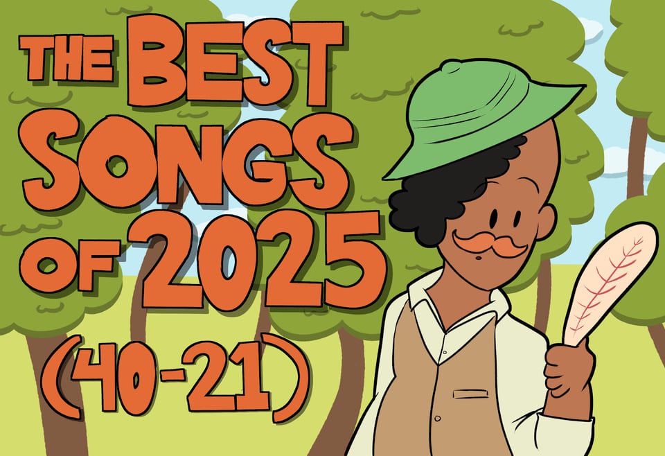 Thumbnail art for the Best Songs of 2025 (40-21). It depicts me in an explorer outfit (and an orange mustache) looking at a pale feather in my hand. I'm in a woodsy area.