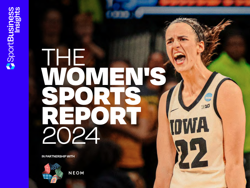 women's sports report 2024, by sports business insights, in partnership with NEOM. Caitlin Clark is fired up in her Iowa jersey (a pre-WNBA photo)