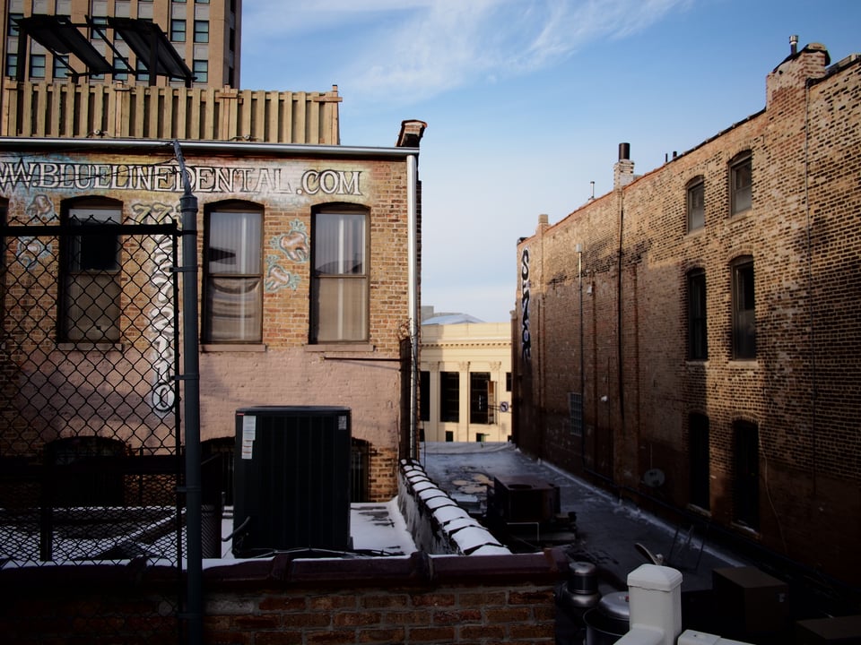 View of buildings off of the Damen Blue Line stop