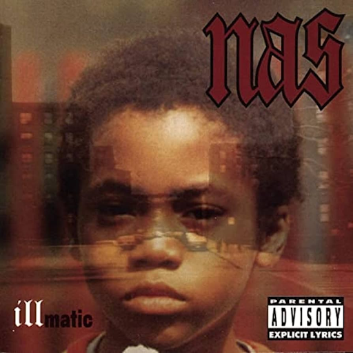 The album cover for Illmatic by Nas. A young Nas stares at the viewer with a transparent city scene placed on top.