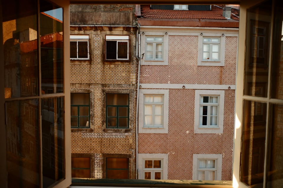 View of buildings with unusual tiles