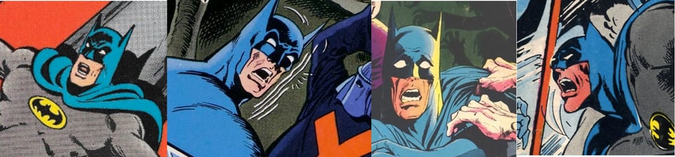 A selection of Batman covers, mostly from the 1980s, in which he is freaking out and scared