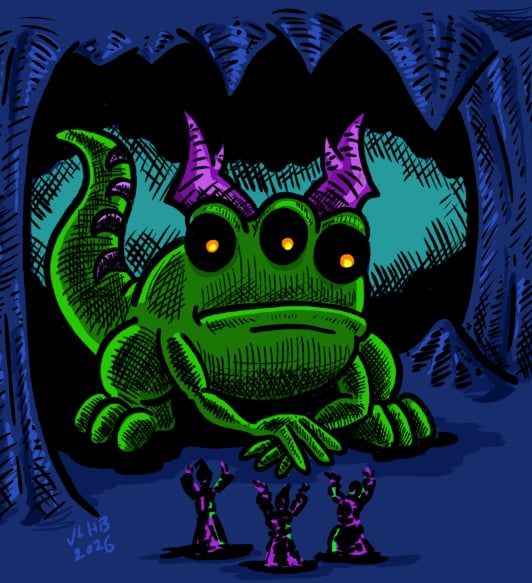 Image of a giant green toad with three eyes, purple horns, and a long tail. The toad is underground, being worshipped by three figures.