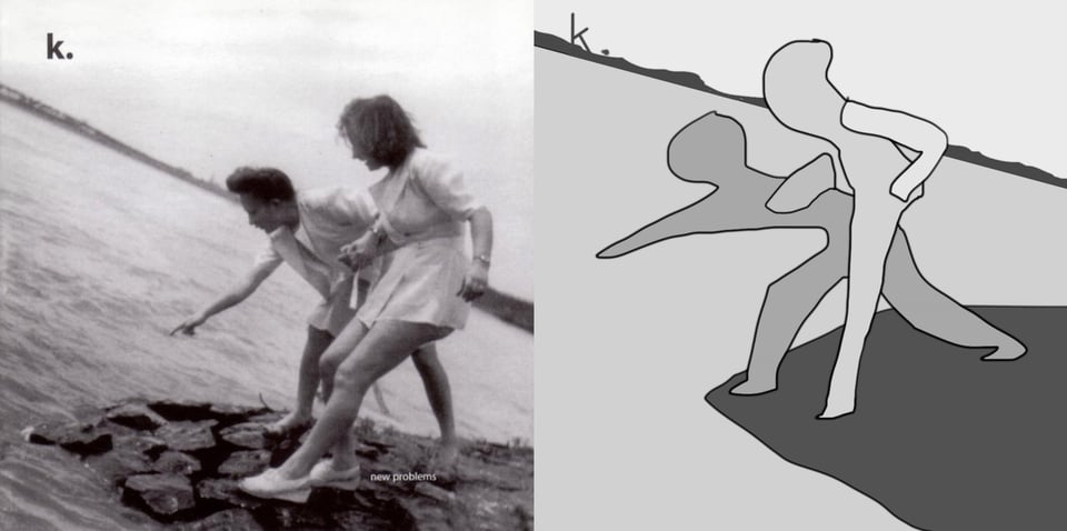 A blurry black and white photo of two white women on the rocky edge of a lake. They both wear white outfits with skirts, and are holding hands. One is leaning forward towards the water and pointing at something.