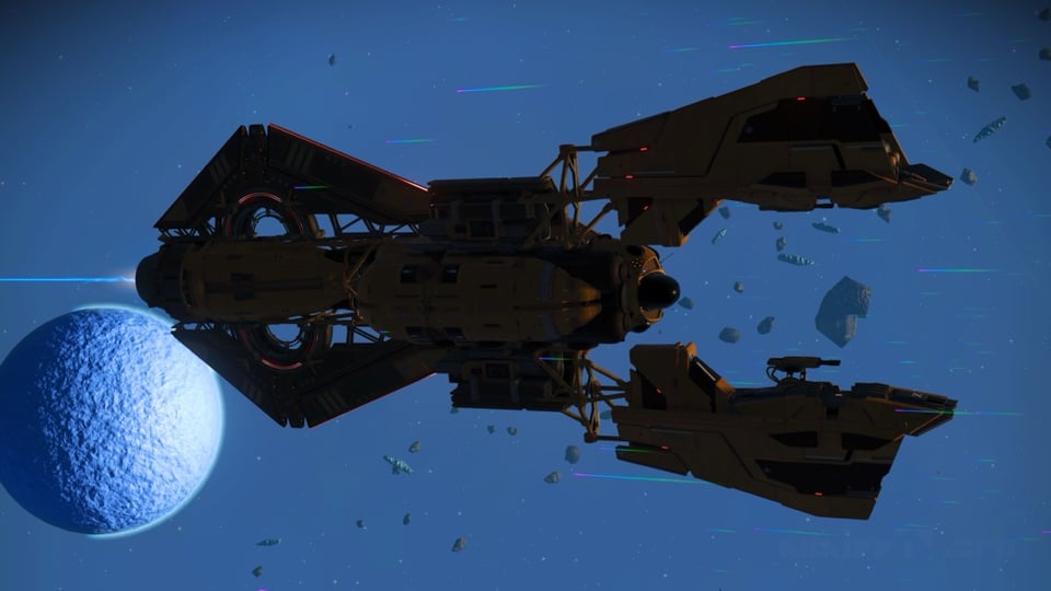 Silhouette of a single engine spaceship that looks like a crayfish