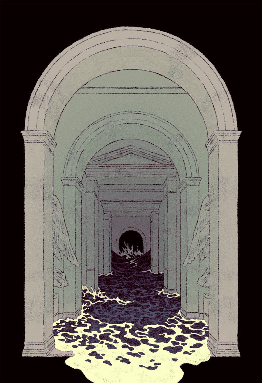 looking down a series of greco-roman-inspired marble halls, waves crashing in the furthest doorways and spilling down to white foam in the foreground.