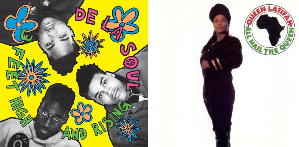 First pic: Black and white photos of three young Black men, arranged in a circle as if you are on the ground and they are looking down at you from above. The background is very bright yellow. There are hand drawn flower shapes in blue and orange arranged around them. Second pic: It's Queen Latifah! She's a tall, strong, proud sexy Black woman wearing a black uniform, slightly miltaristic in the Janet Jackson RHYTHM NATION way. The background is blank white.