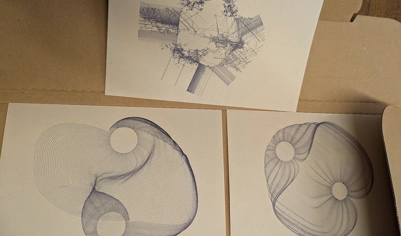 Three A5 sepia papers with pen plotted images on them. The designs contain hundreds of very thin black lines. Two are more organic and one more glitchy.