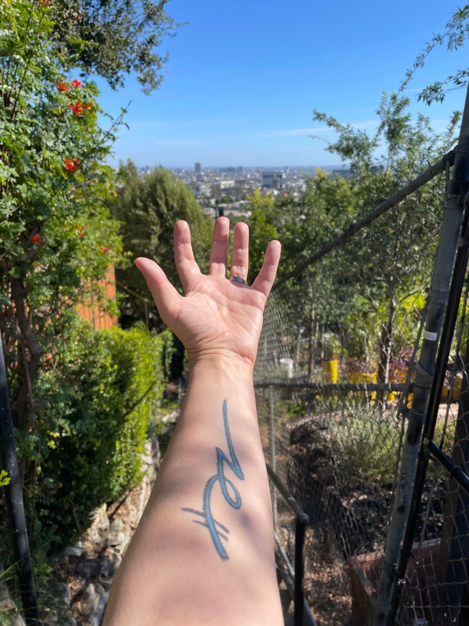 A hand reaches out, overlooking Hollywood on a sunny day. On the arm is a tattoo of a twisting line that ultimately moves forward