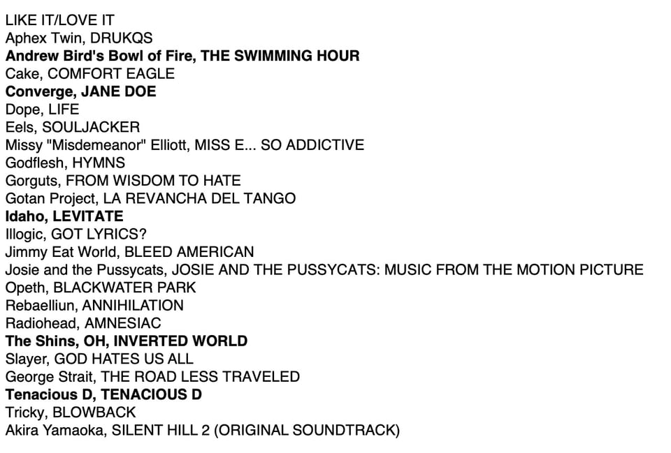 LIKE IT/LOVE IT Aphex Twin, DRUKQS Andrew Bird's Bowl of Fire, THE SWIMMING HOUR Cake, COMFORT EAGLE Converge, JANE DOE Dope, LIFE Eels, SOULJACKER Missy "Misdemeanor" Elliott, MISS E... SO ADDICTIVE Godflesh, HYMNS Gorguts, FROM WISDOM TO HATE Gotan Project, LA REVANCHA DEL TANGO Idaho, LEVITATE Illogic, GOT LYRICS? Jimmy Eat World, BLEED AMERICAN Josie and the Pussycats, JOSIE AND THE PUSSYCATS: MUSIC FROM THE MOTION PICTURE Opeth, BLACKWATER PARK Rebaelliun, ANNIHILATION Radiohead, AMNESIAC The Shins, OH, INVERTED WORLD Slayer, GOD HATES US ALL George Strait, THE ROAD LESS TRAVELED Tenacious D, TENACIOUS D Tricky, BLOWBACK Akira Yamaoka, SILENT HILL 2 (ORIGINAL SOUNDTRACK)