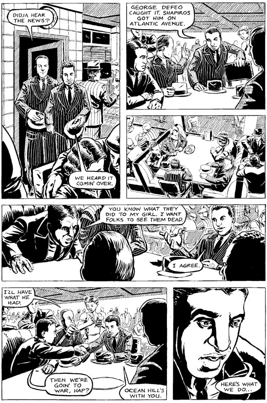 Black and white panels from Brownsville: The Rise & Fall of Murder Inc., a graphic novel by Neil Kleid and Jake Allen