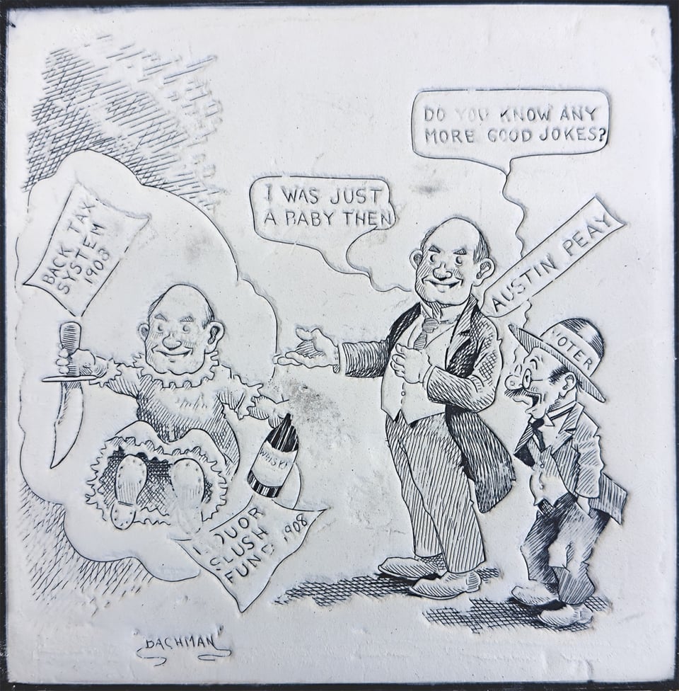 Chalk plate showing an illustration in ink on the top layer of an obscure 1910s political situation involving Tennessee politician Austin Peay