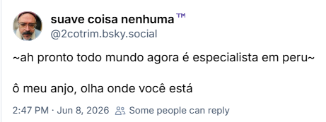 Post de suave coisa nenhuma™️ (‪@2cotrim.bsky.social‬): ~ah pronto todo mundo agora é especialista em peru~

ô meu anjo, olha onde você está