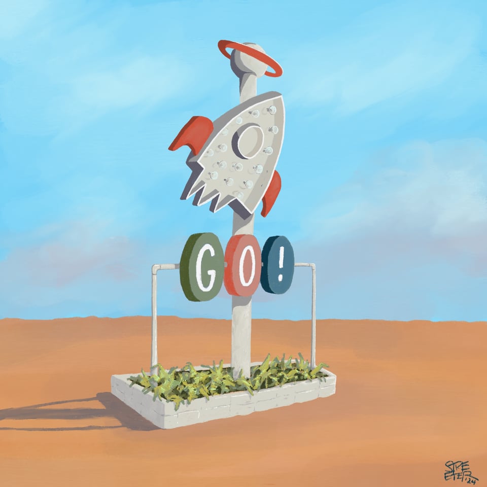Illustration of a vintage roadside sign with space ship