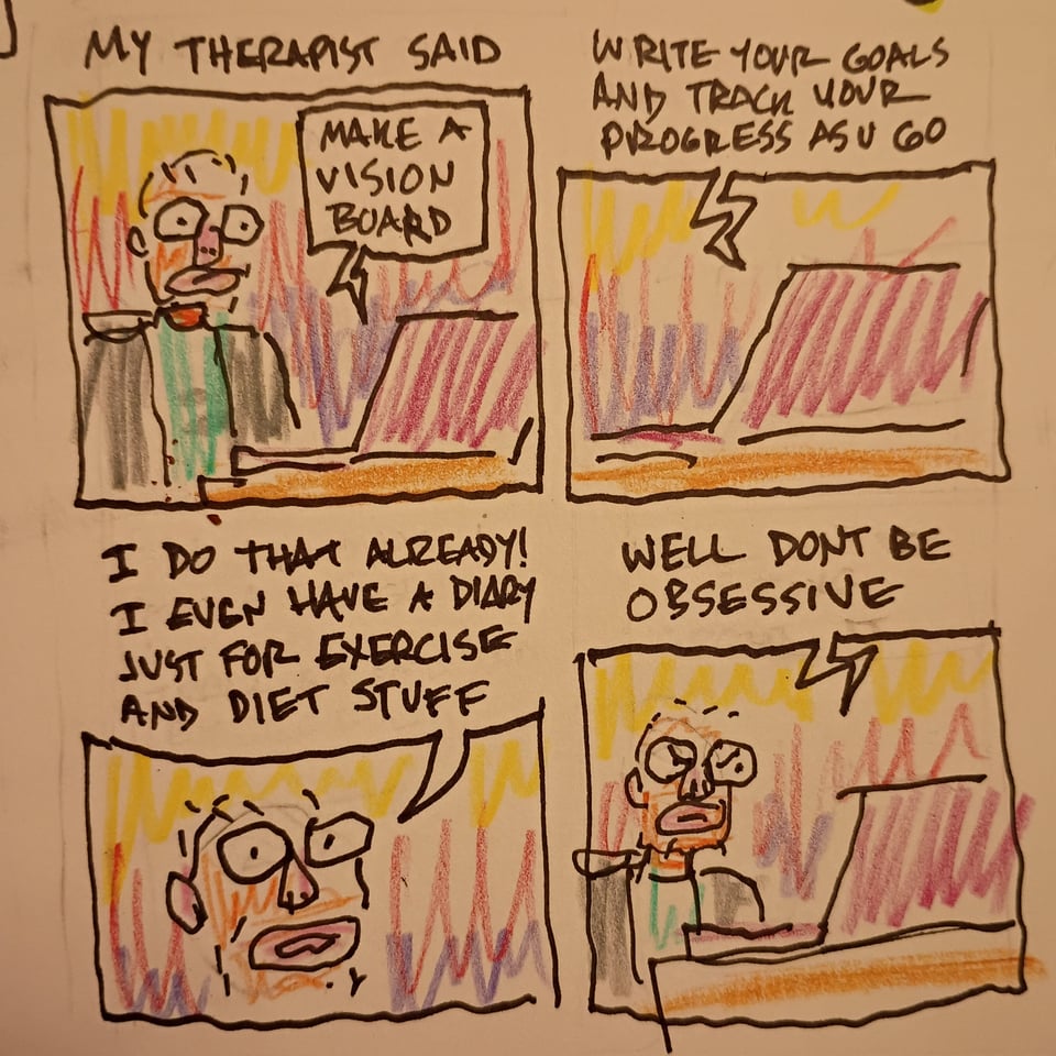 Page one of a two-page diary comic. I am talking to my therapist via a laptop.  Therapist: make a vision board.  Write your goals and track your progress as you go.  Me: I do that already! I even have a diary just for exercise and diet stuff.  Therapist: well don't be obsessive.